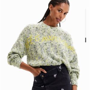 Desigual JERS_Hellene Sweater Lime Green & Yellow Chunky knit Embroidered Size S